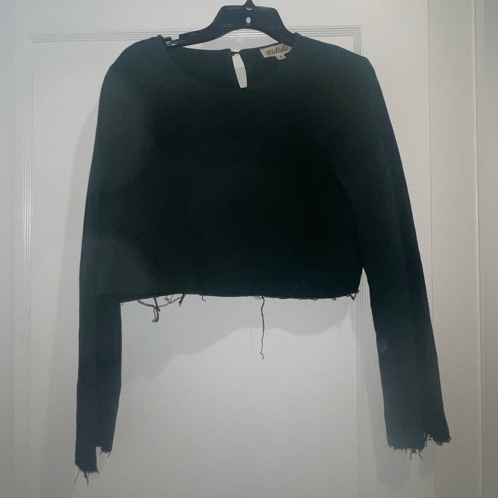 Cropped Distressed Dark Green Long Sleeve Top With Flared Sleeves